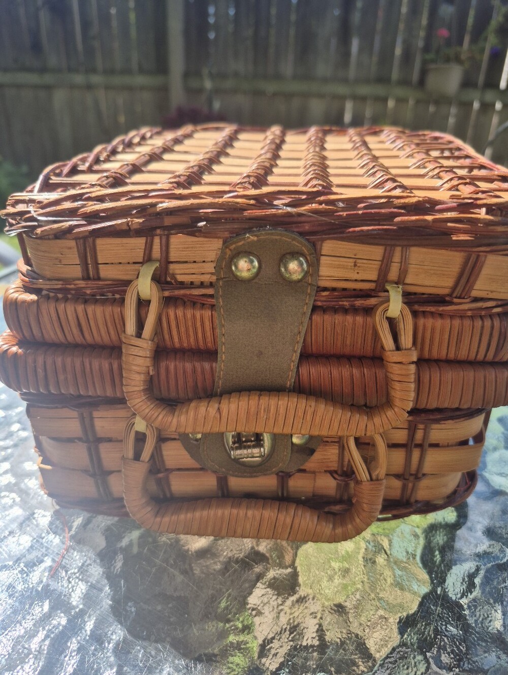 Vintage Woven Rattan Picnic Basket Complete With Checkered Fabric Inside